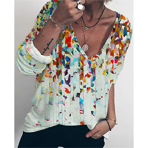 

Women's Geometric Painting T shirt Geometric Long Sleeve V Neck Basic Tops White