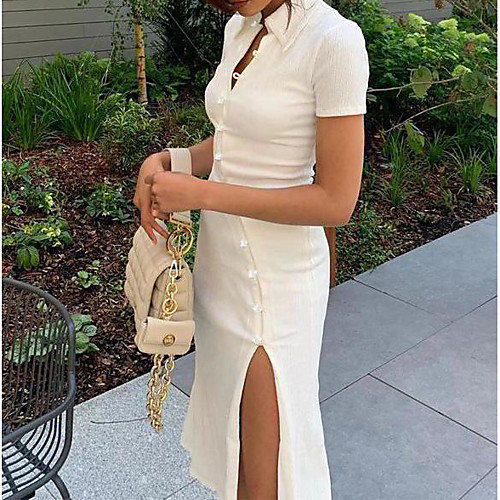 

Women's Sheath Dress Midi Dress White Short Sleeve Solid Color Summer Casual 2021 S M L