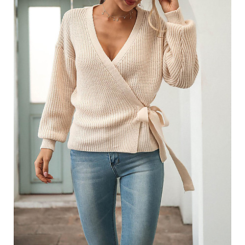 

Women's Solid Color Pullover Long Sleeve Sweater Cardigans V Neck Blue Gray Apricot