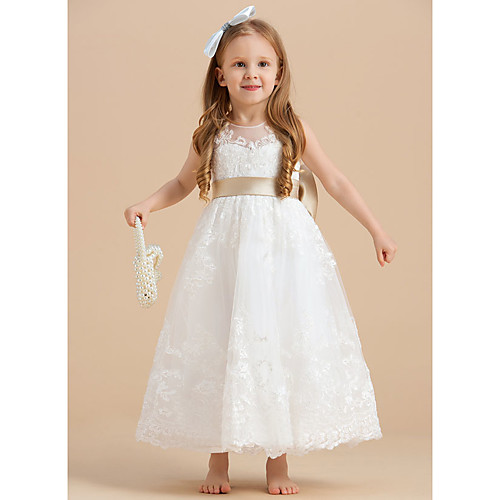

A-Line Ankle Length Flower Girl Dresses Party Tulle Sleeveless Jewel Neck with Bow(s)