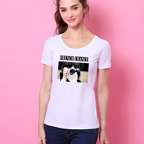 

Women's Painting T shirt Graphic Text Print Round Neck Basic Tops Cotton Blushing Pink White Black