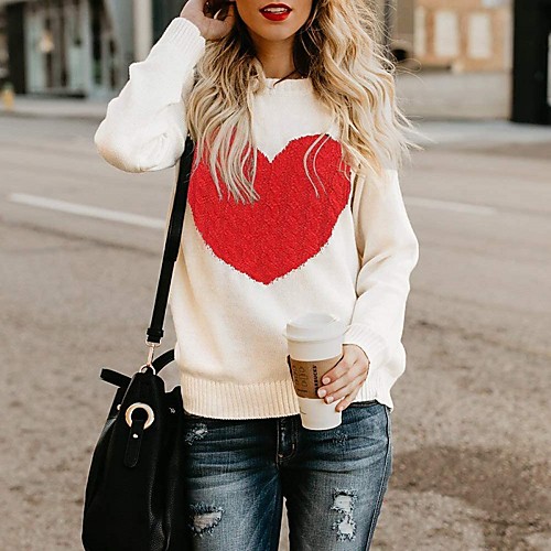 

Women's Stylish Casual Knitted Print Heart Geometric Sweater Long Sleeve Sweater Cardigans Round Neck Fall Winter Blushing Pink Fuchsia Gray Holiday