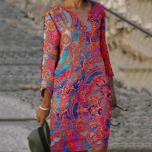 

Women's Shift Dress Knee Length Dress Blue Yellow Red Long Sleeve Print Print Fall Spring V Neck Elegant 2021 S M L XL XXL 3XL