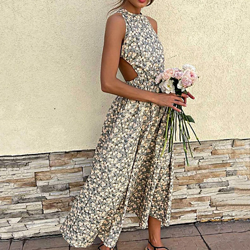 

Women's A Line Dress Maxi long Dress Blue Sleeveless Floral Backless Summer Round Neck Casual 2021 S M L XL