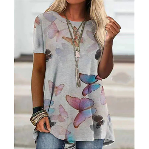 

Women's 3D Printed T shirt Butterfly Round Neck Basic Tops Gray