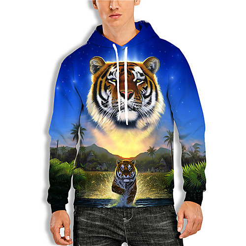 

Men's Pullover Hoodie Sweatshirt Graphic Prints Tiger Print Daily Sports 3D Print 3D Print Casual Hoodies Sweatshirts Blue