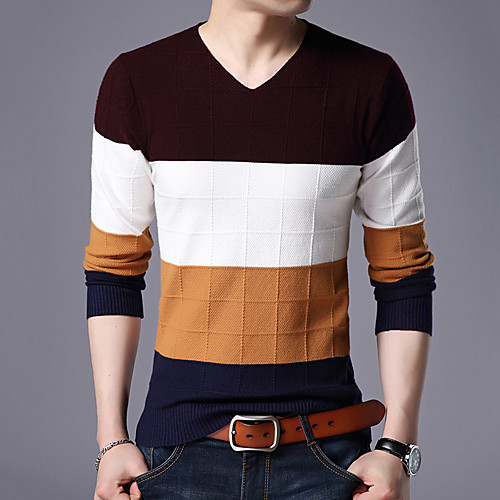 

Men's Unisex Stylish Vintage Style Knitted Color Block Pullover Sweater Long Sleeve Sweater Cardigans V Neck Fall Winter Wine Camel Navy Blue