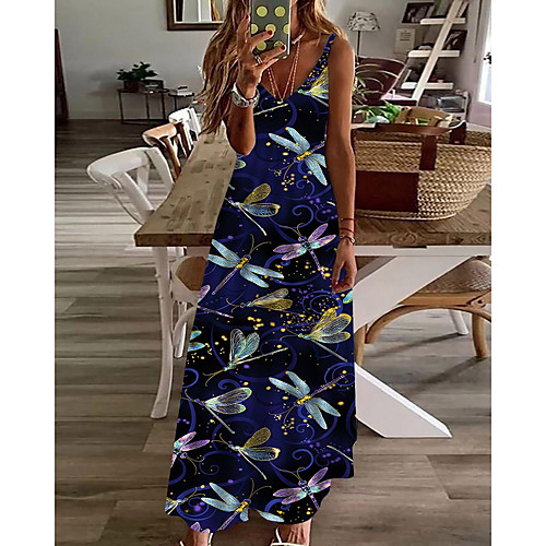 

Women's A Line Dress Maxi long Dress Navy Blue Sleeveless Print Animal Print Spring Summer V Neck Casual Holiday 2021 S M L XL XXL 3XL