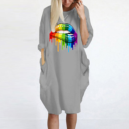 

Women's T Shirt Dress Tee Dress Knee Length Dress Blue Yellow Fuchsia Gray Green White Black Long Sleeve Print Spring Summer Round Neck Casual Oversized 2021 S M L XL XXL 3XL 4XL 5XL