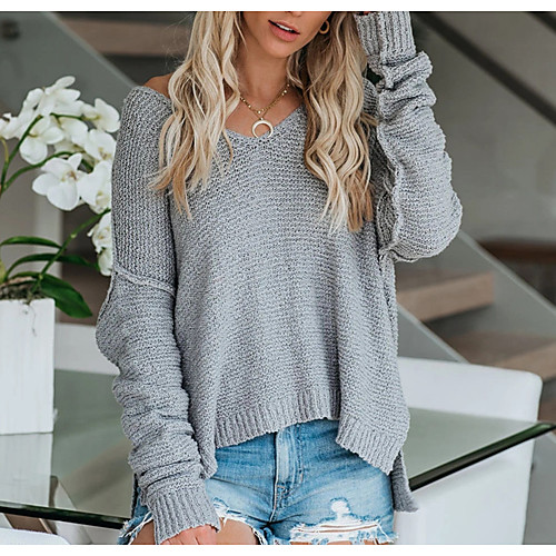 

Women's Solid Color Cardigan Long Sleeve Sweater Cardigans V Neck Fuchsia Gray White