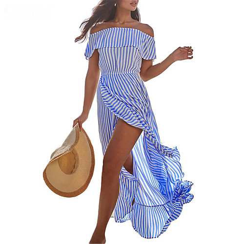 

Women's Maxi long Dress Light Blue Black Short Sleeve Stripes Split Spring Summer Off Shoulder Sexy Holiday Beach 2021 S M L XL
