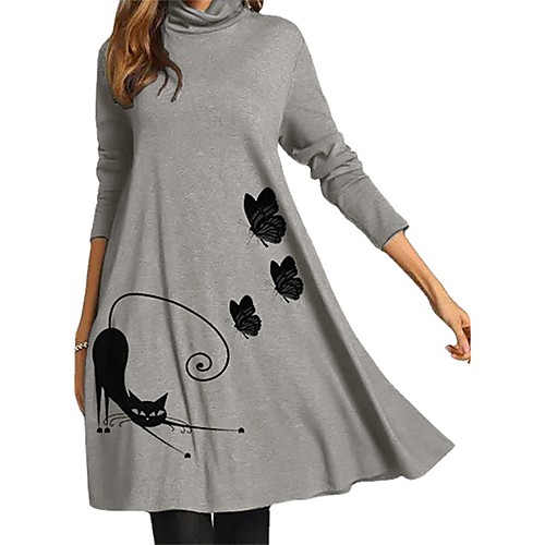 

Women's A Line Dress Short Mini Dress Blue Gray White Long Sleeve Cat Butterfly Animal Print Fall Turtleneck Casual 2021 S M L XL XXL