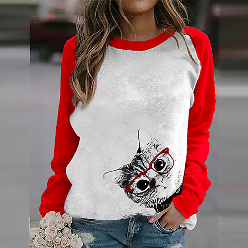 

Women's Cat Painting T shirt Cat Animal Long Sleeve Patchwork Print Round Neck Basic Tops Blushing Pink Black Red