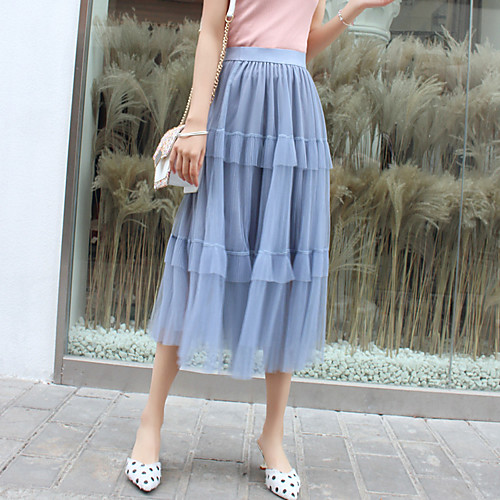 

Women's Casual / Daily Weekend Basic Streetwear Calf-Length Skirts Solid Colored Layered Tulle Blue Blushing Pink Beige