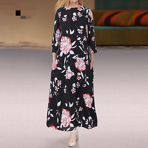 

Women's A Line Dress Maxi long Dress Yellow Black 3/4 Length Sleeve Flower Spring Summer Round Neck Casual 2021 S M L XL 2XL 3XL 4XL 5XL