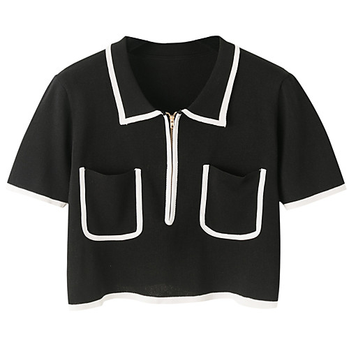 

Women's Crop Top Blouse Shirt Plain Pocket Quarter Zip Shirt Collar Basic Streetwear Tops Black Beige