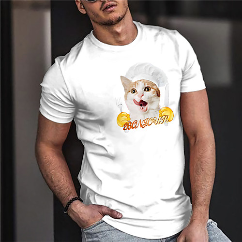 

Men's Unisex Tee T shirt Shirt Hot Stamping Cat Graphic Prints Print Short Sleeve Casual Tops Cotton Basic Designer Big and Tall White