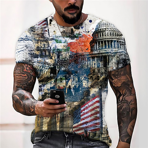 

Men's Unisex Tee T shirt Shirt 3D Print Graphic Prints City Landscape Flag Print Short Sleeve Daily Tops Casual Designer Big and Tall Yellow
