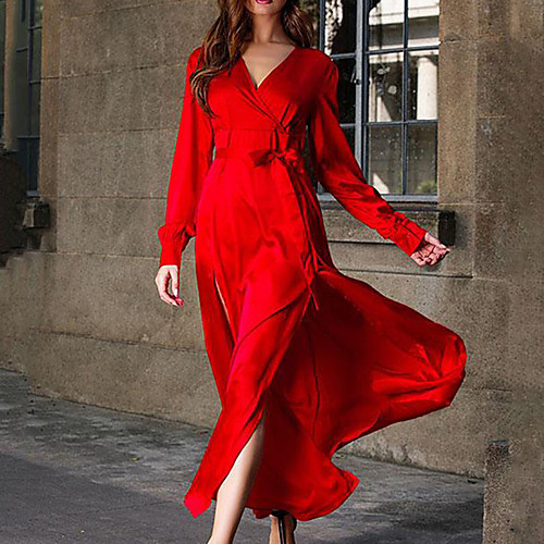 

Women's Swing Dress Maxi long Dress Yellow Green Red Long Sleeve Solid Color Ruched Patchwork Fall V Neck Casual 2021 M L XL XXL