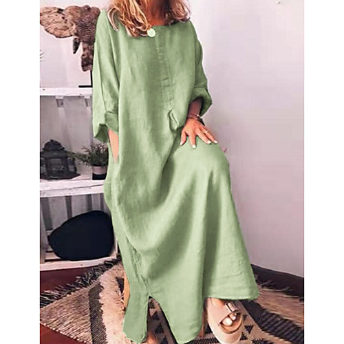 

Women's Cotton Linen Dress Maxi long Dress Gray Green Red 3/4 Length Sleeve Solid Color Patchwork Fall Summer Round Neck Casual Loose 2021 S M L XL XXL 3XL 4XL 5XL