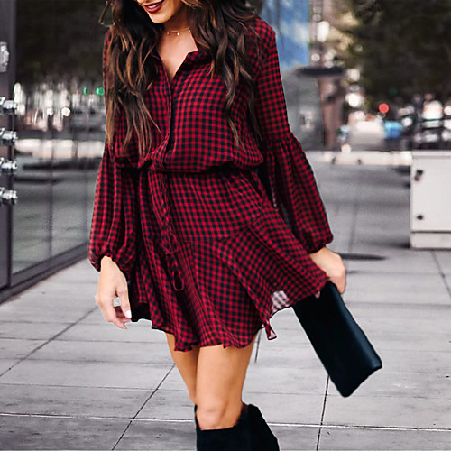 

Women's Tiered Dress Short Mini Dress Red Box Pinstripe big flower White grid Red black flower Black and white flowers Small floral Zebra pattern Long Sleeve Check Flower Zebra Ruched Ruffle Spring