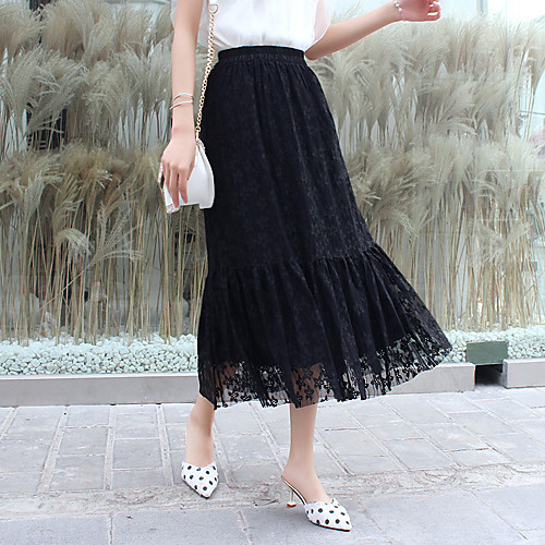 

Women's Date Weekend Basic Streetwear Ankle-Length Skirts Solid Colored Layered Ruched Ruffle Black