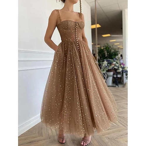 

A-Line Elegant Prom Formal Evening Dress Spaghetti Strap Scoop Neck Sleeveless Ankle Length Lace with Pleats Ruched 2021