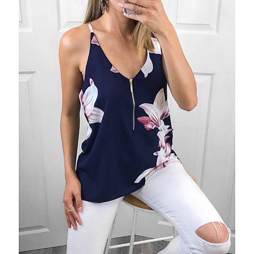 

Women's Tank Top Vest Flower Print V Neck Basic Streetwear Tops Purple White Navy Blue