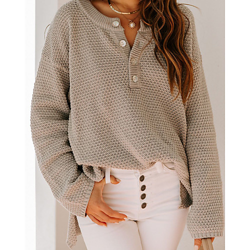 

Women's Basic Casual Solid Color Pullover Long Sleeve Sweater Cardigans Round Neck Embroidered red Coffee color Gray