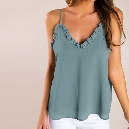 

Women's Tank Top Vest Plain Ruffle V Neck Basic Streetwear Tops Blue Green