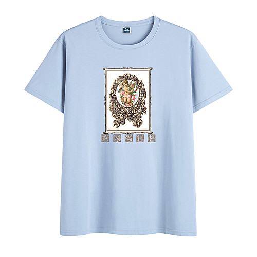

Women's Painting T shirt Text Angel Print Round Neck Basic Tops 100% Cotton Yellow Blushing Pink Wine