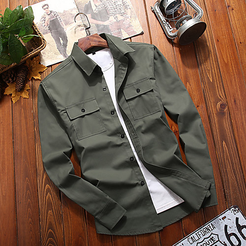 

Men's Shirt non-printing Solid Color Long Sleeve Casual Tops Cotton Simple Blue Army Green Khaki