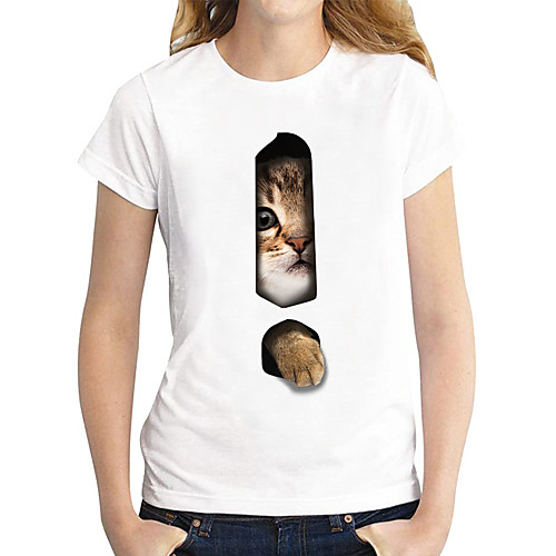 

Women's 3D Cat Painting T shirt Cat 3D Animal Print Round Neck Basic Tops White