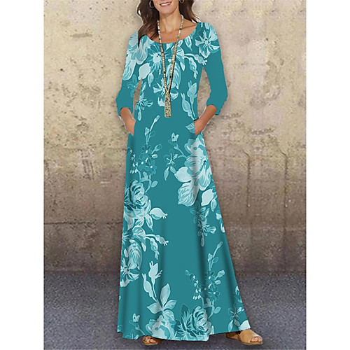 

Women's Shift Dress Maxi long Dress Blue 3/4 Length Sleeve Floral Print Print Spring Summer Round Neck Casual Holiday 2021 S M L XL XXL 3XL