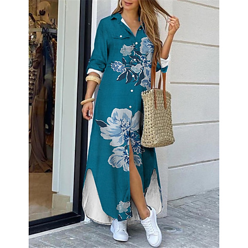 

Women's Shirt Dress Maxi long Dress Blue Long Sleeve Floral Print Print Spring Summer Shirt Collar Casual Holiday 2021 S M L XL XXL 3XL