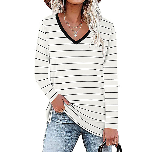 

Women's Painting T shirt Striped Long Sleeve Print V Neck Basic Tops Cotton Blue Blushing Pink Gray