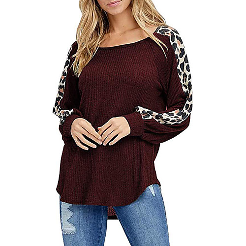 

Women's Painting T shirt Leopard Long Sleeve Print Round Neck Basic Tops Wine Army Green Gray
