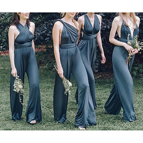 

Jumpsuits V Neck Floor Length Charmeuse Bridesmaid Dress with Ruching