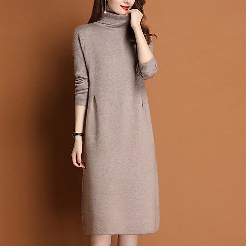 

Women's Sweater Jumper Dress Knee Length Dress Gray khaki Sky Blue Orange Black Long Sleeve Solid Color Pure Color Fall Winter Round Neck Basic Casual 2021 One-Size