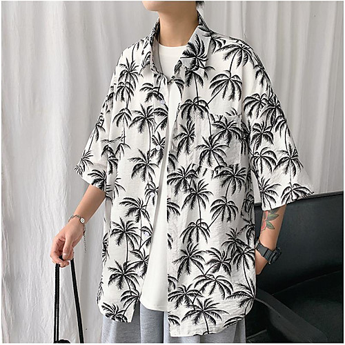 

Men's Shirt Plants 3/4 Length Sleeve Vacation Tops Casual White