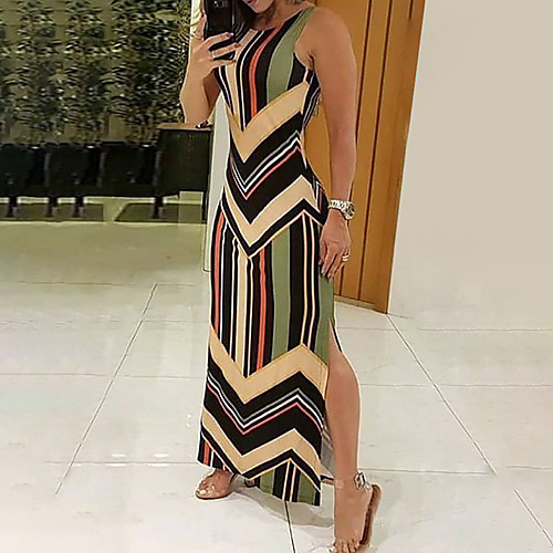 

Women's Strap Dress Maxi long Dress Green Sleeveless Pattern Summer Casual 2021 S M L XL