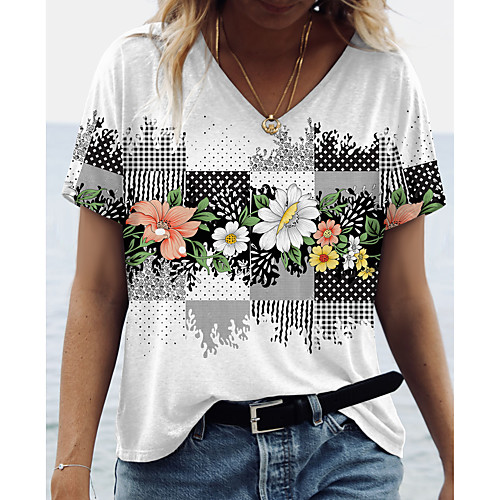 

Women's Floral Theme Painting T shirt Floral Graphic Print V Neck Basic Tops White