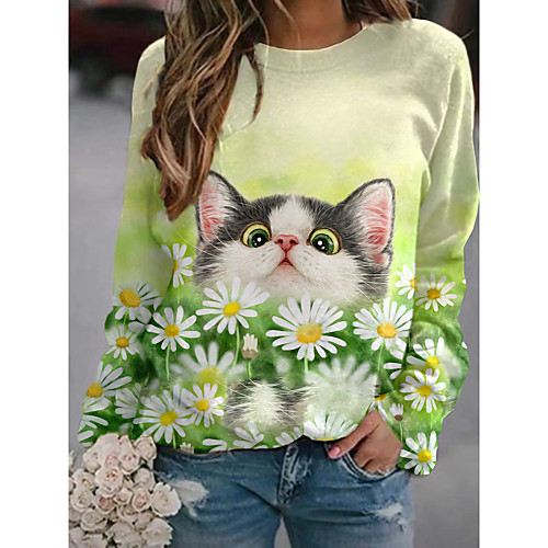 

Women's Sweatshirt Pullover Cat 3D Daisy 3D Print Daily Sports 3D Print Active Streetwear Hoodies Sweatshirts Green