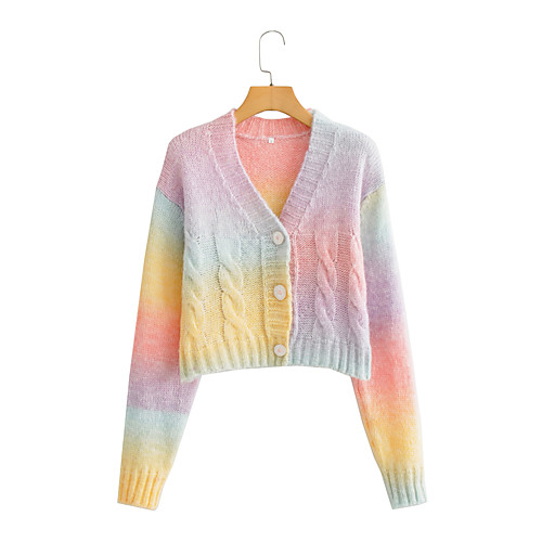 

Women's Stylish Stripe Rainbow Cardigan Long Sleeve Sweater Cardigans V Neck Fall Spring Rainbow