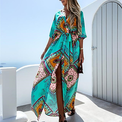 

Women's Swing Dress Maxi long Dress Green Orange Half Sleeve Print Geometric Split Lace up Print Summer V Neck Casual 2021 S M L XL XXL