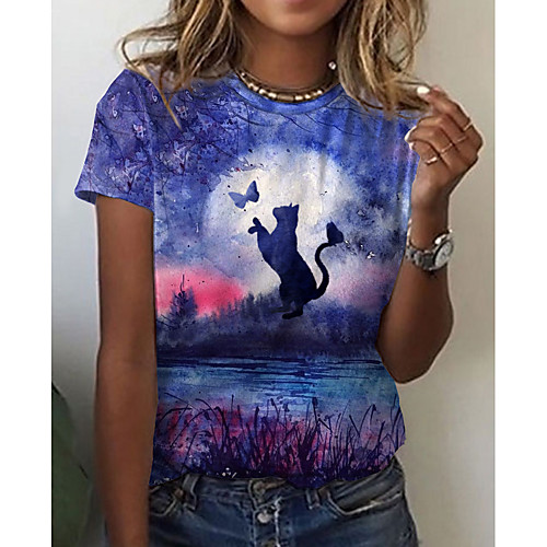 

Women's Cat Abstract Butterfly T shirt Cat Scenery 3D Print Round Neck Basic Tops Purple