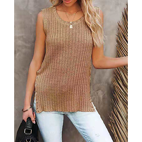 

Women's Solid Color Vest Sleeveless Sweater Cardigans Round Neck khaki White Black