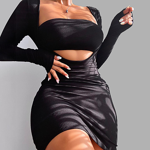

Women's Sheath Dress Short Mini Dress Black Brown Long Sleeve Solid Color Hollow To Waist Fall Summer Square Neck Casual Sexy 2021 S M L / Cotton