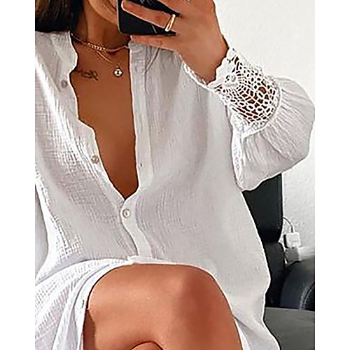 

Women's Loose Midi Dress White Long Sleeve Solid Color Summer Casual 2021 S M L XL