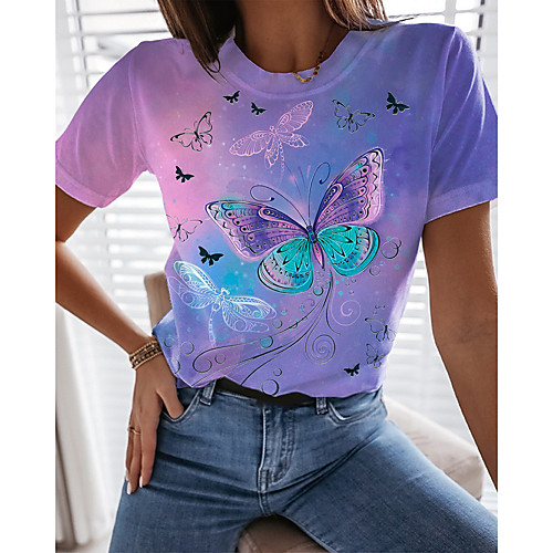 

Women's Butterfly Painting T shirt Butterfly Animal Print Round Neck Basic Tops Purple
